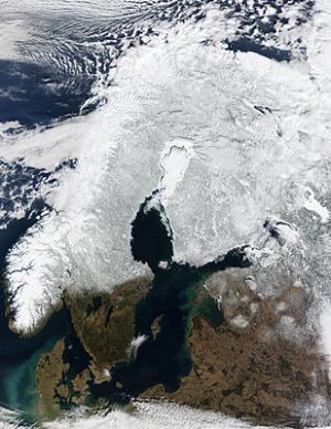 Sweden from the satellite, snow cover in the center-north