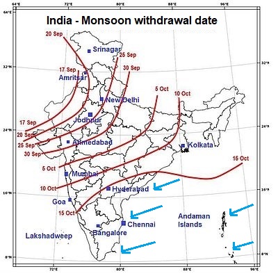 Normal dates of withdrawal of the southwest monsoon in India