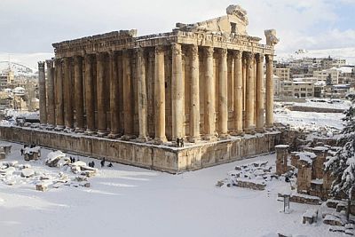 Snow on the temple of Bacchus in Baalbek